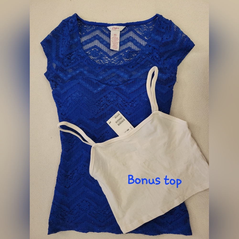 Candie's Blue Lace Juniors Top with Bonus White Crop Top, XS